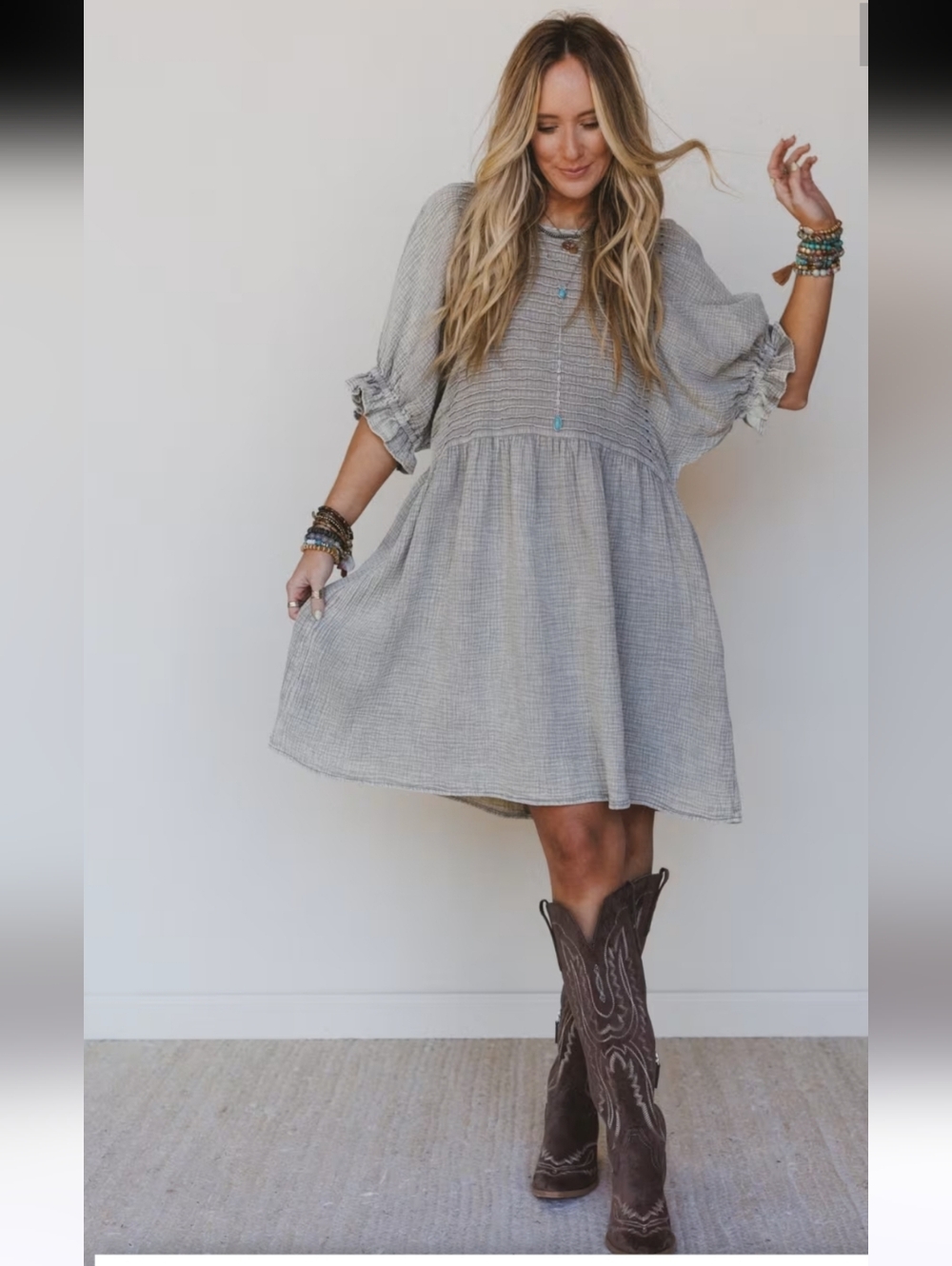 Three Bird Nest Mini Dress Quinn Puff Sleeve Oatmeal Boho Peasant Oversized S - Picture 2 of 16